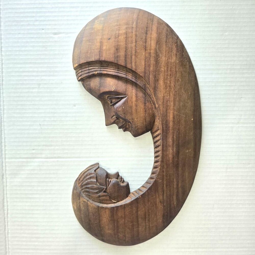 Hand Carved Mother & Child Wood Sculpture – Mother Baby Figurine Decor